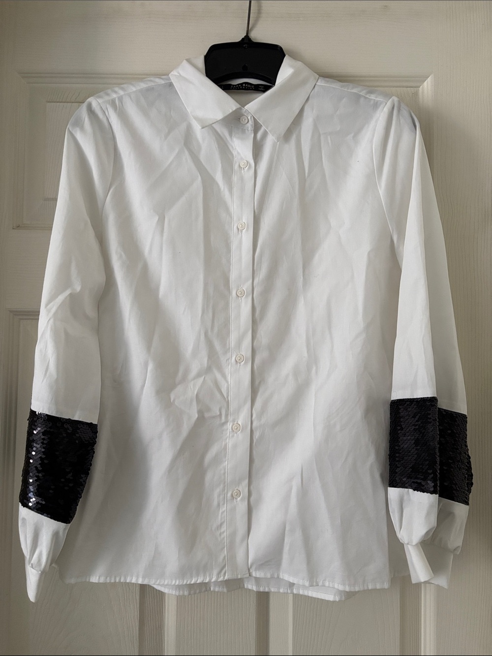 White Button-Front Shirt with Black Sequin Cuffs